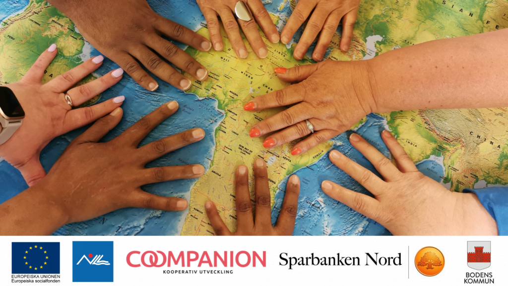Flera händer ligger på en bild av en karta, under kartan finns logotyper av europeiska unionens socialfond, norrbottens läns landsting, coompanion, sparbanken nord och bodens kommun
